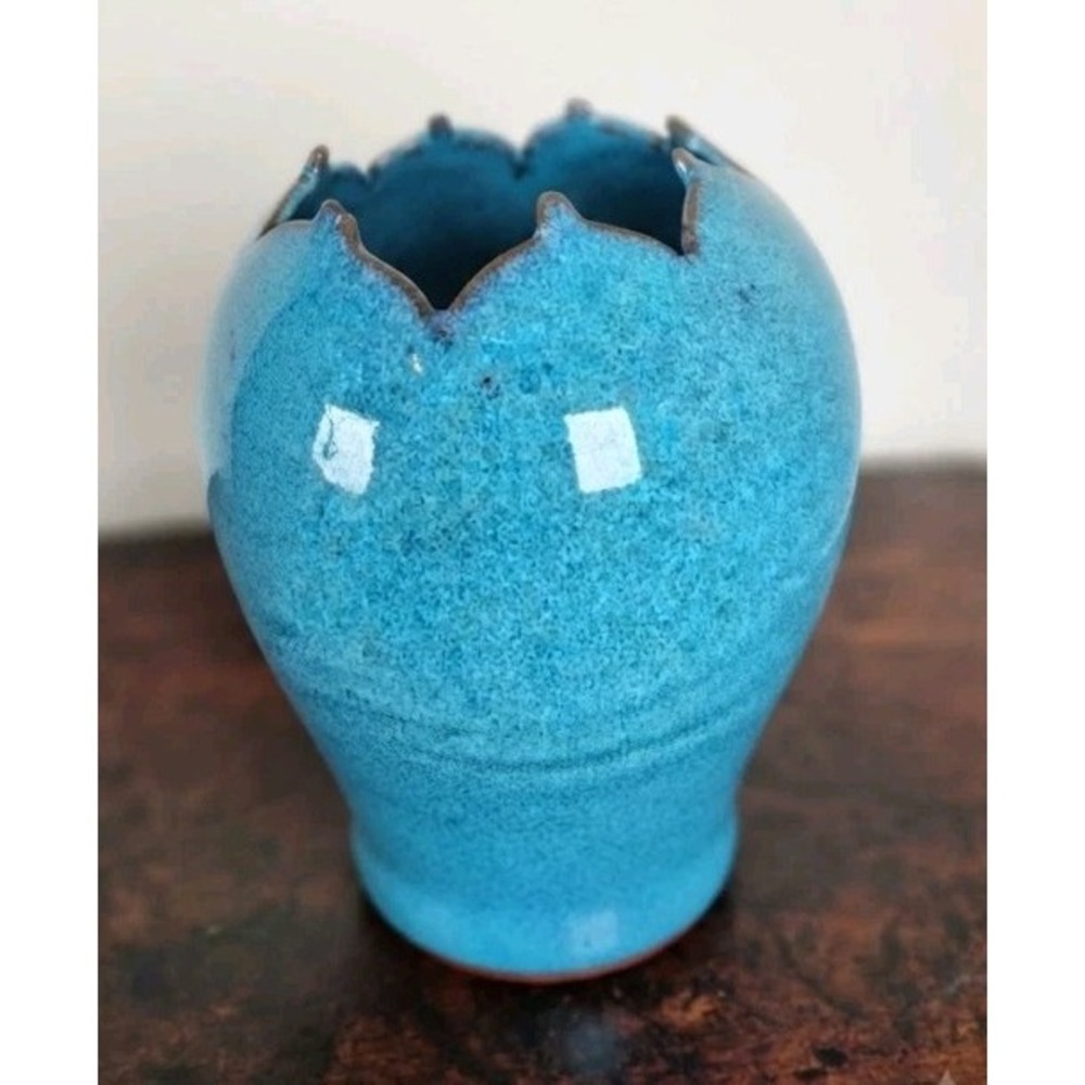 Vintage A&A Pottery Studio Art Vase Turquoise Blue Glossy Scalloped Ruffled Rim